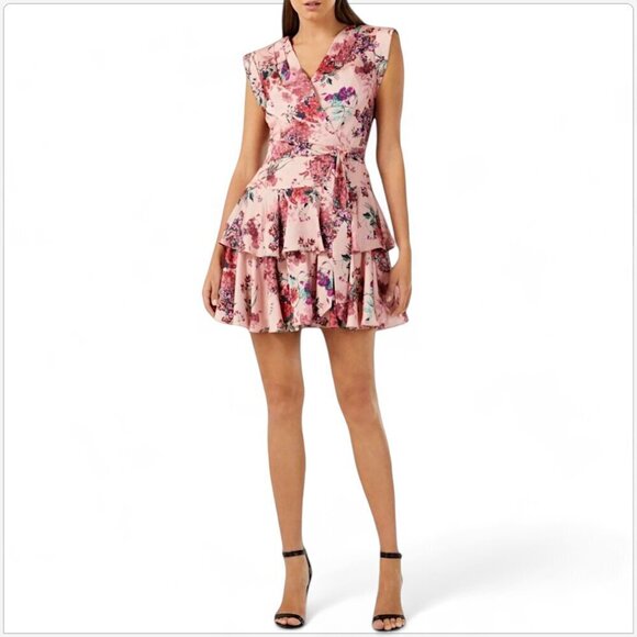 BCBGMaxazria Luna Ruffled Skirt Dress Floral Apricot Blush Pink V-Neck NWT  NEW 2 - joarbit.com